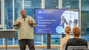 Speaker discusses Black Entrepreneurship Development Strategy.