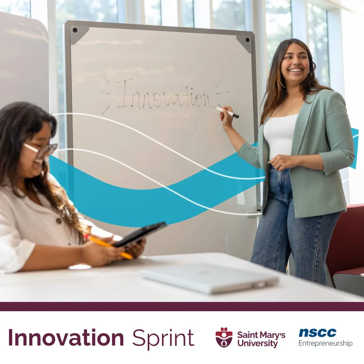 Women collaborating at innovation sprint event.