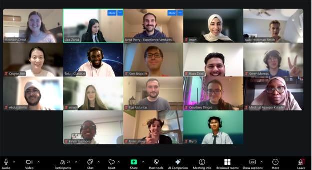 Virtual meeting with diverse participants on video call.