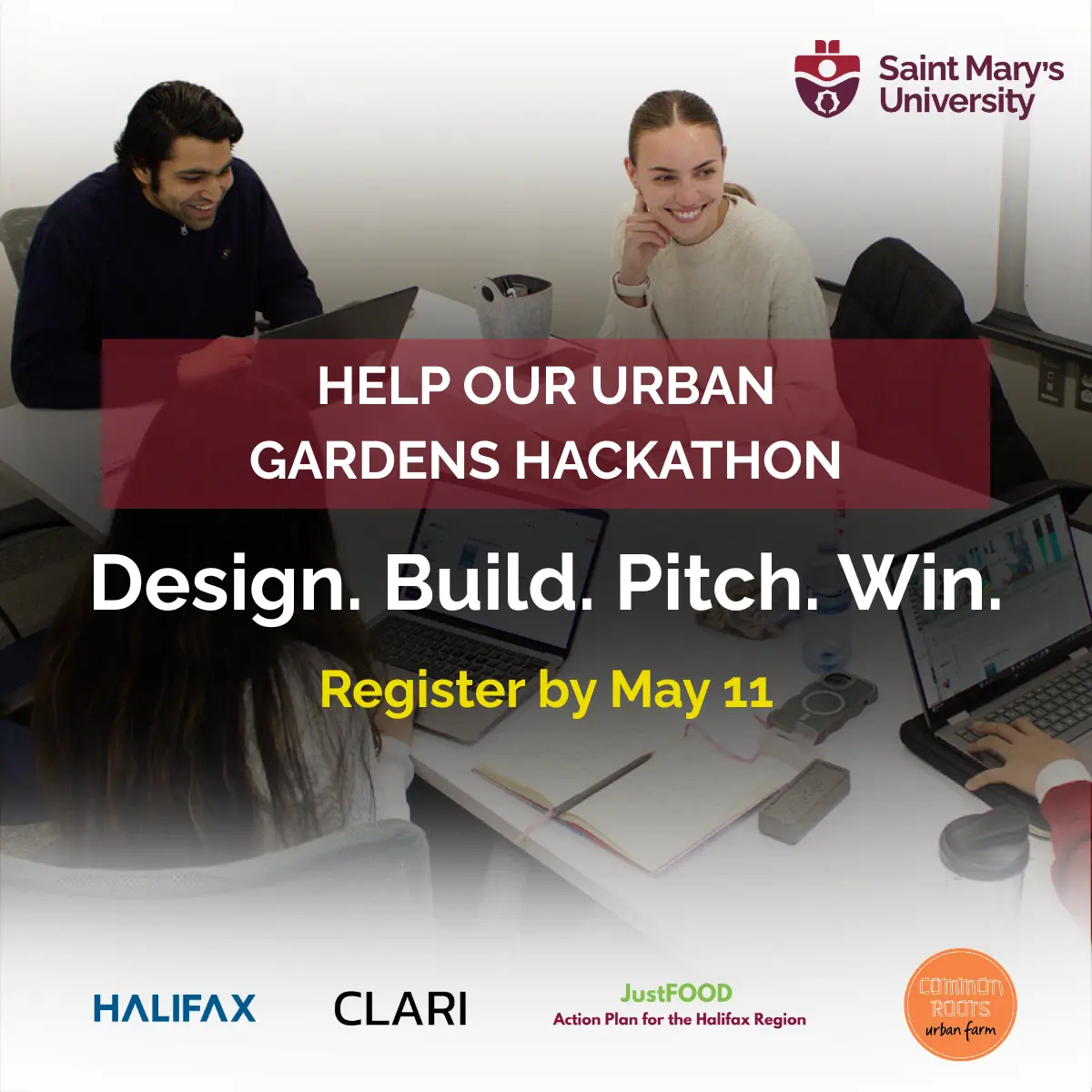 Urban Gardens Hackathon promotional poster with students collaborating