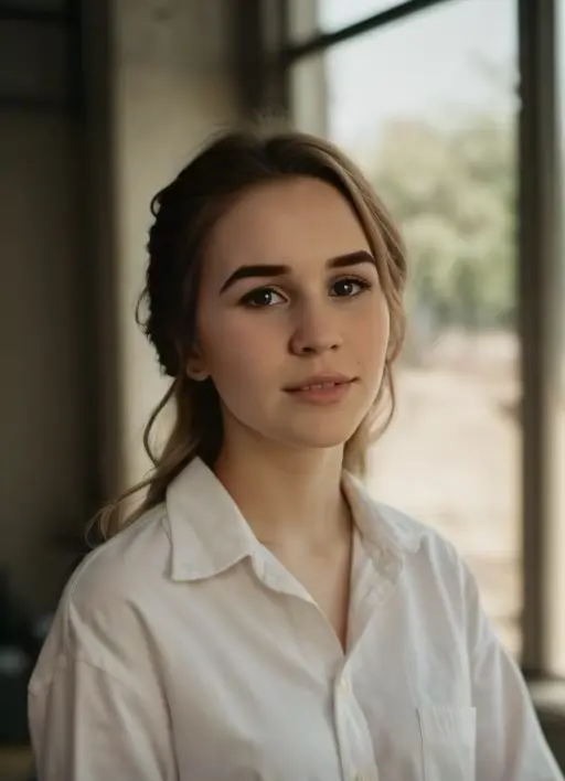 Young woman in white shirt by window