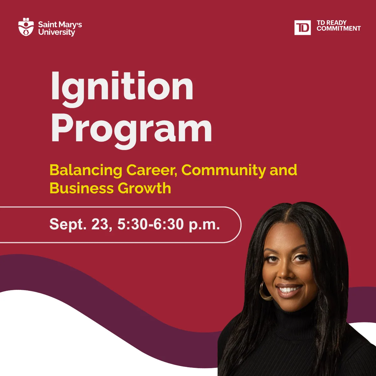 Ignition Program event poster featuring a smiling woman
