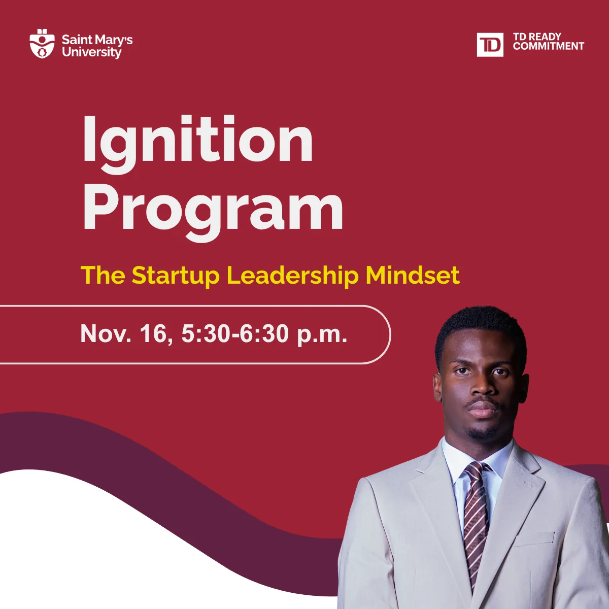 Ignition Program startup leadership event poster with speaker portrait