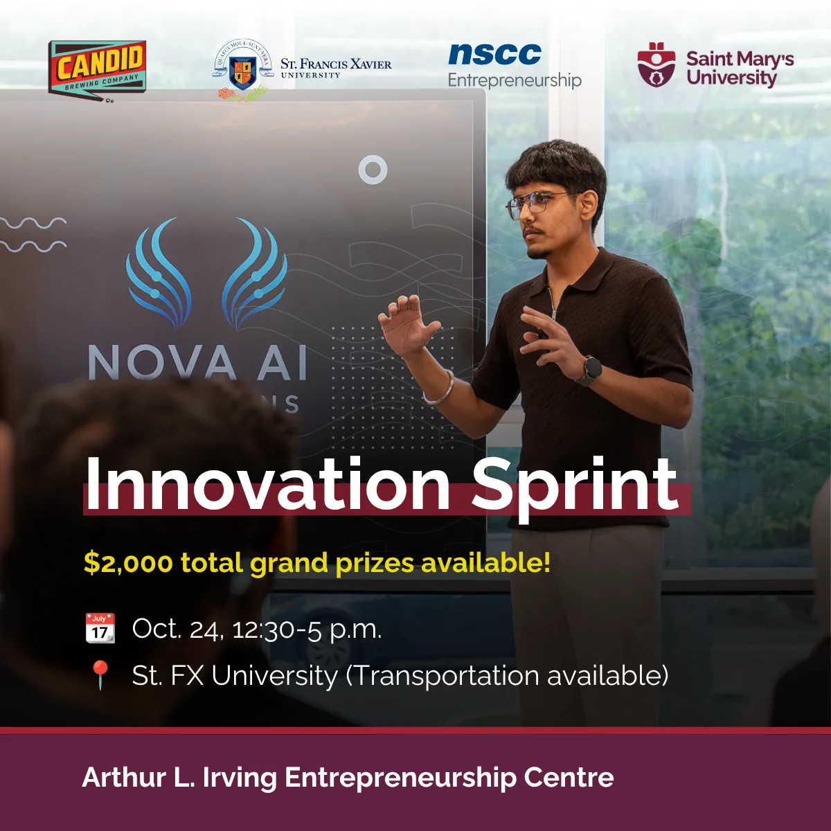 Speaker presenting Nova AI Innovation Sprint event poster