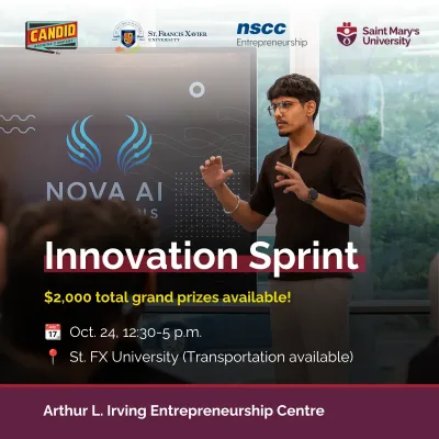 Speaker presenting Nova AI Innovation Sprint event poster