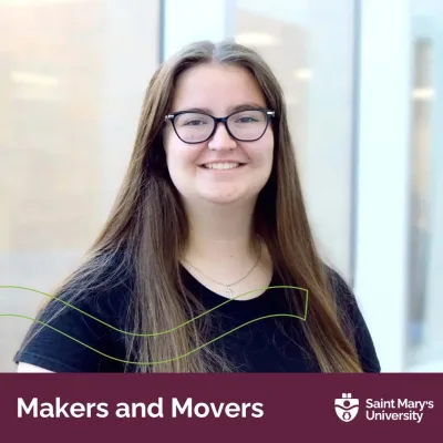Young woman, Saint Mary's University backdrop