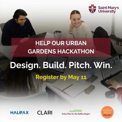 Urban Gardens Hackathon promotional poster with students collaborating