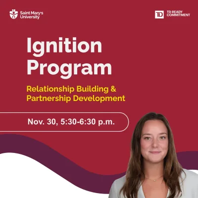 Ignition Program relationship-building event poster with speaker portrait